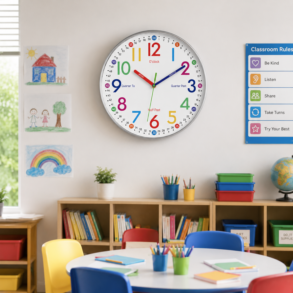 Horloge Murale Enfant Apprentissage Chiffres Colorés 20–30 cm Quartz Silencieux