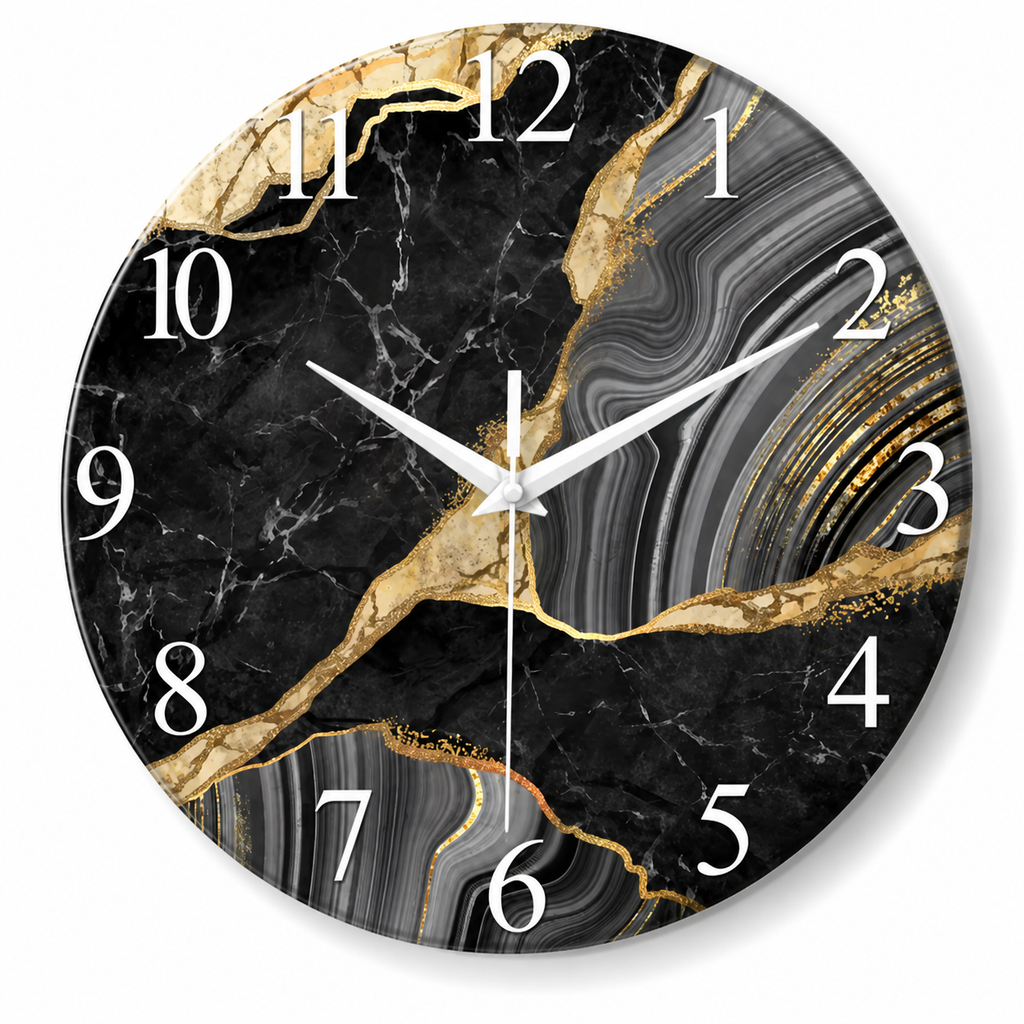 Horloge Murale Verre Motif Marbre Silencieuse — 3 Tailles