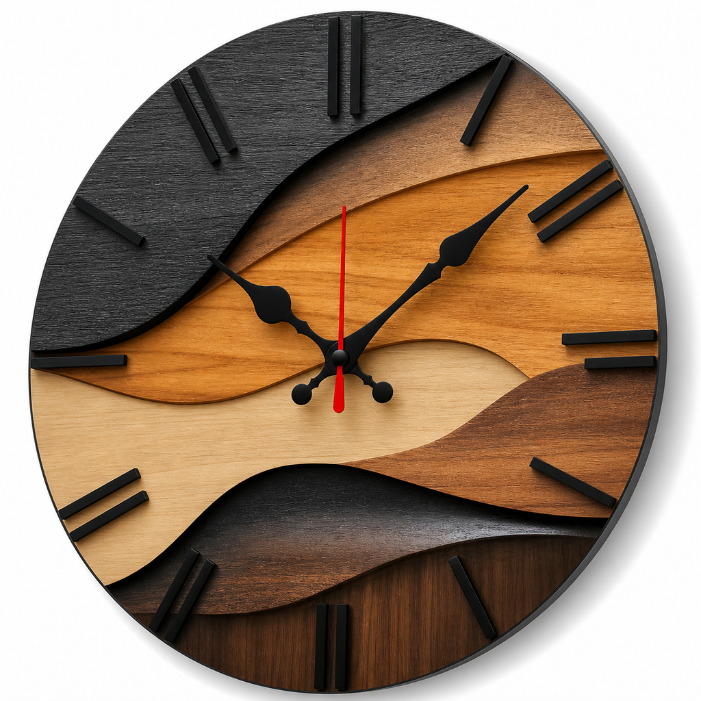 Horloge Murale Bois 25 cm Silencieuse Motif Vagues Bicolore