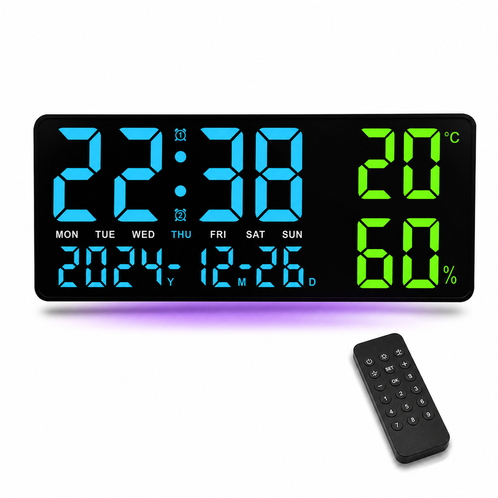 Horloge Murale LED Numérique 35 cm — Température, Humidité & Télécommande