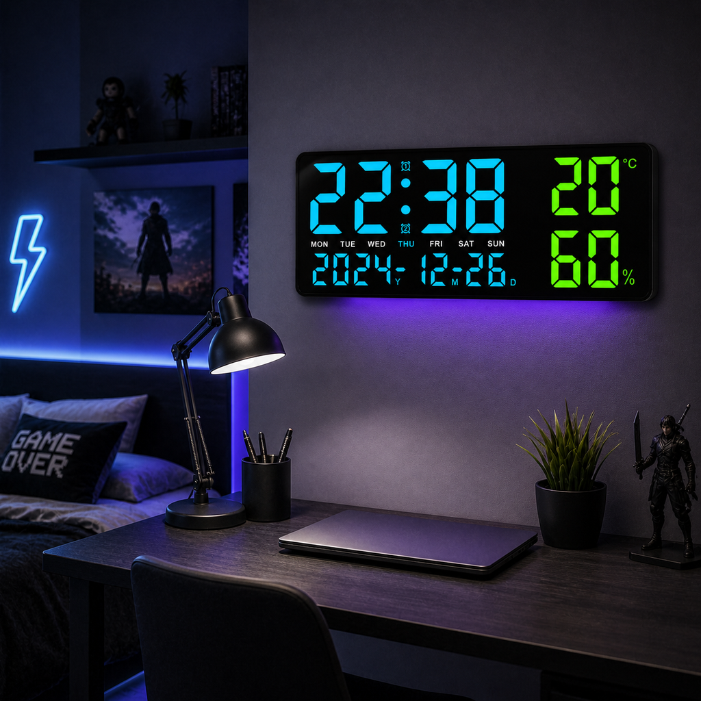 Horloge Murale LED Numérique 35 cm — Température, Humidité & Télécommande