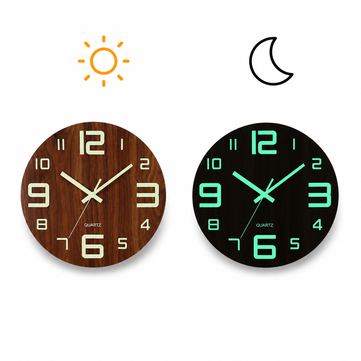 Horloge Murale Bois Silencieuse Lumineuse 30 cm — 3 Modèles