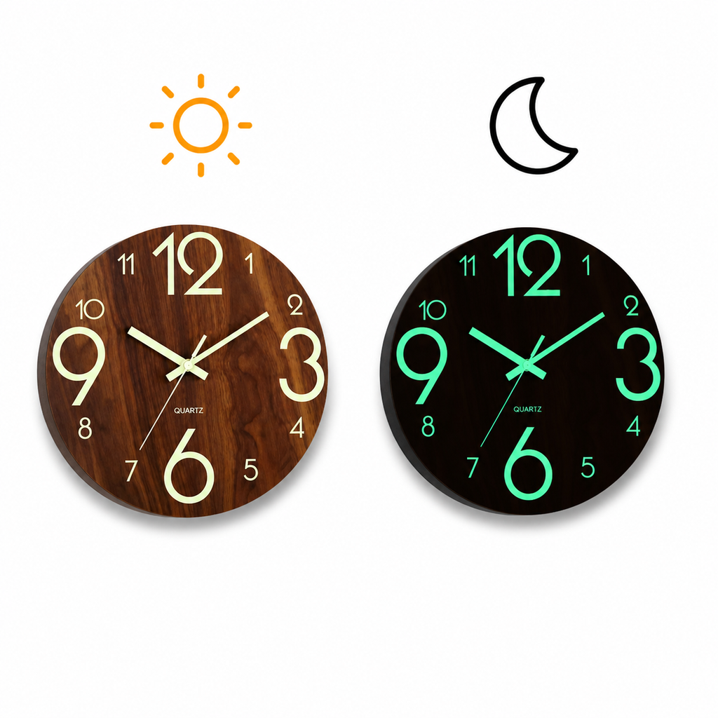 Horloge Murale Bois Silencieuse Lumineuse 30 cm — 3 Modèles