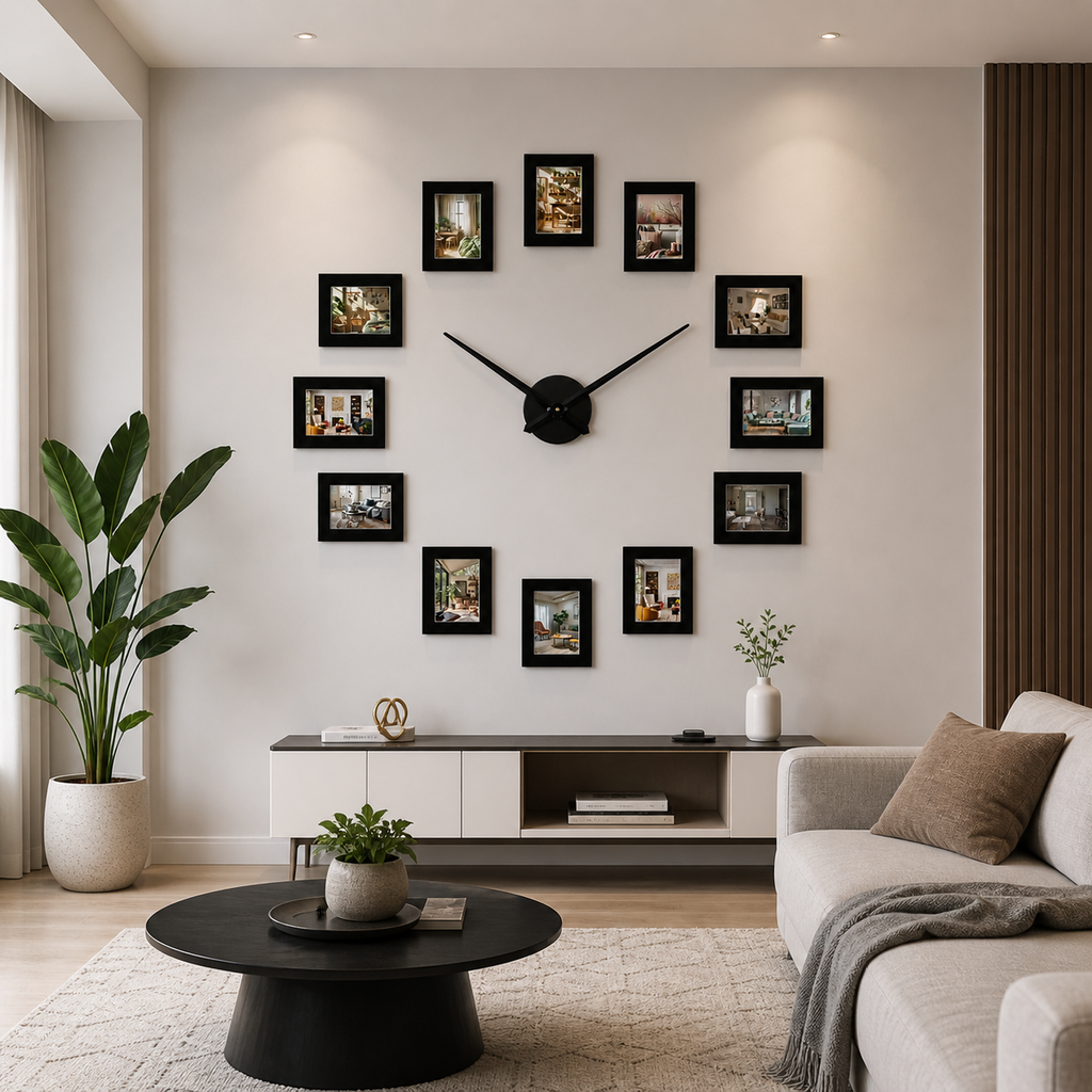 Horloge Murale Métal 120 cm avec Cadres Photo — Silencieuse
