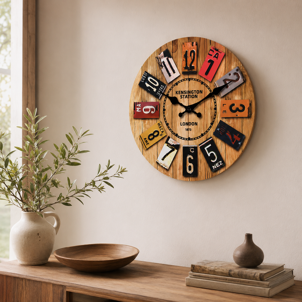 Horloge Murale Bois Silencieuse Motif Plaques — 4 Tailles