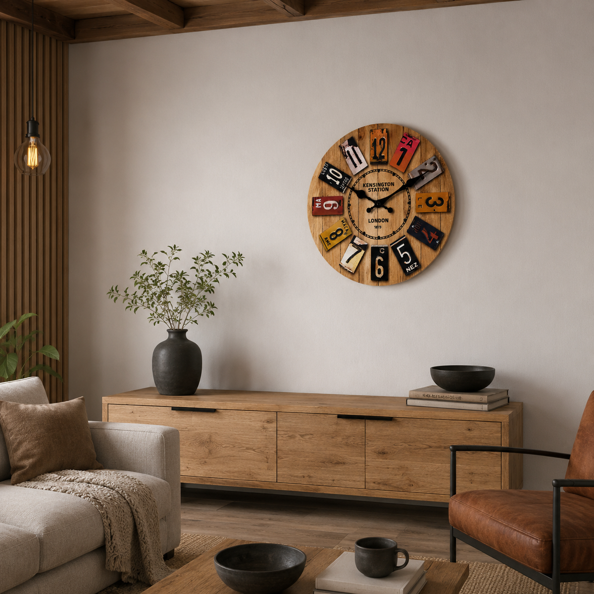 Horloge Murale Bois Silencieuse Motif Plaques — 4 Tailles