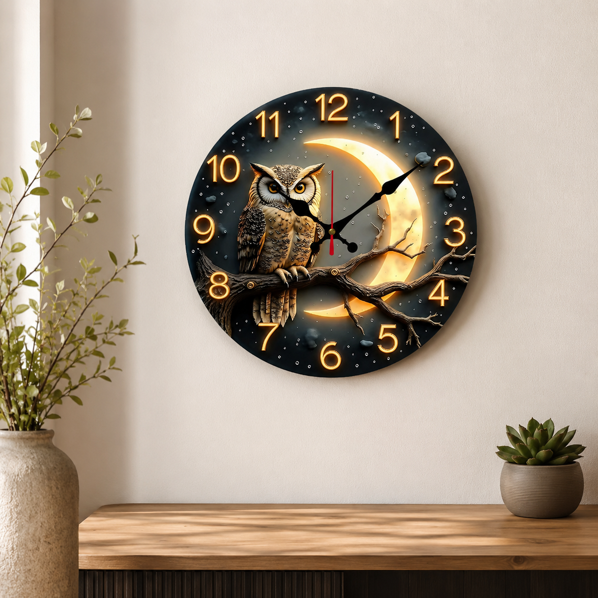 Horloge Murale Silencieuse 25 cm Motif Chouette Lune