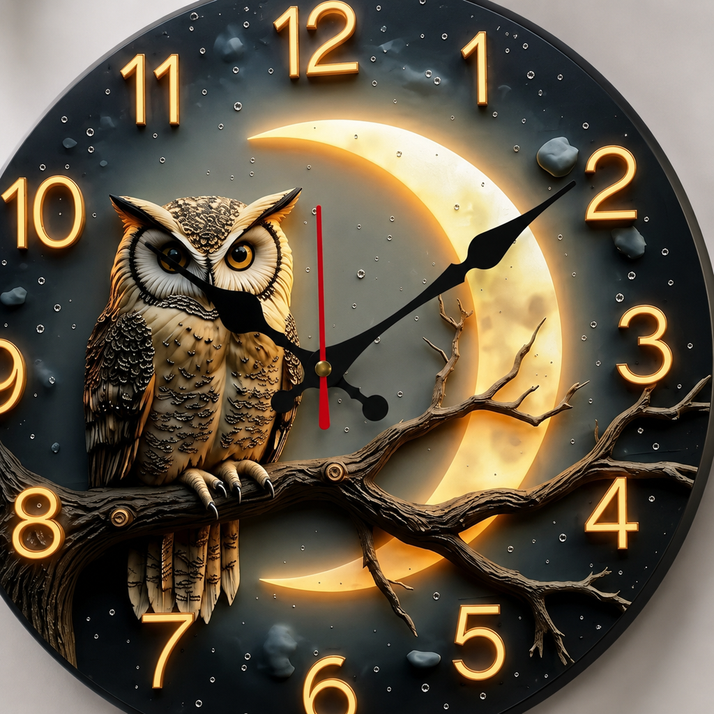 Horloge Murale Silencieuse 25 cm Motif Chouette Lune
