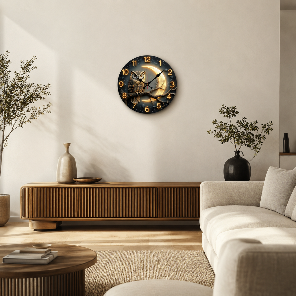 Horloge Murale Silencieuse 25 cm Motif Chouette Lune