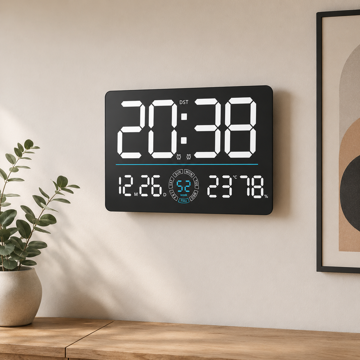 Horloge Murale Numérique LED 33cm Bluetooth Date Température 5 Modèles