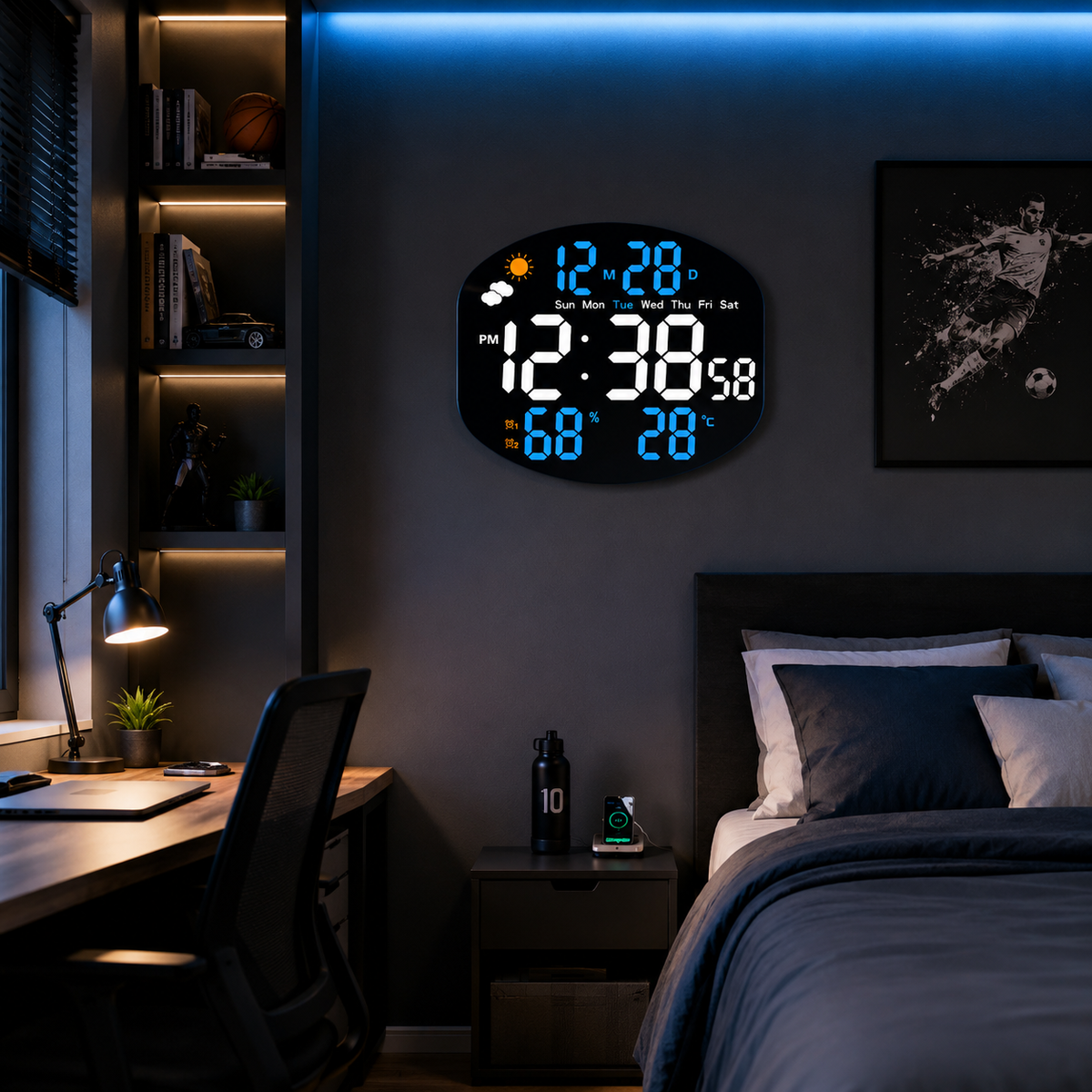 Horloge Murale Numérique LED 25,6cm Capteur Météo Télécommande 4 Modèles