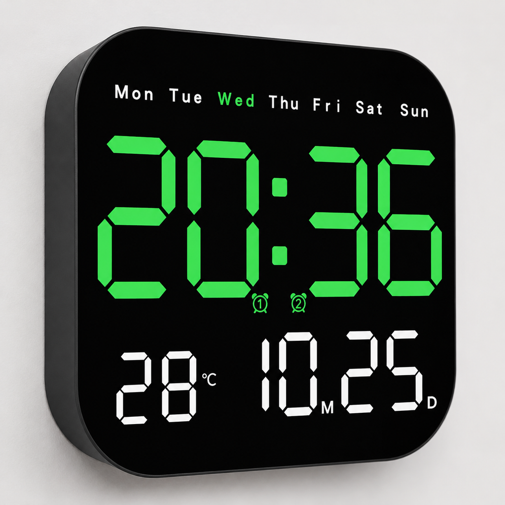 Horloge Murale Numérique LED 18,5cm Carrée Température Date 2 Modèles