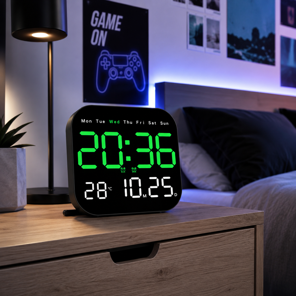Horloge Murale Numérique LED 18,5cm Carrée Température Date 2 Modèles