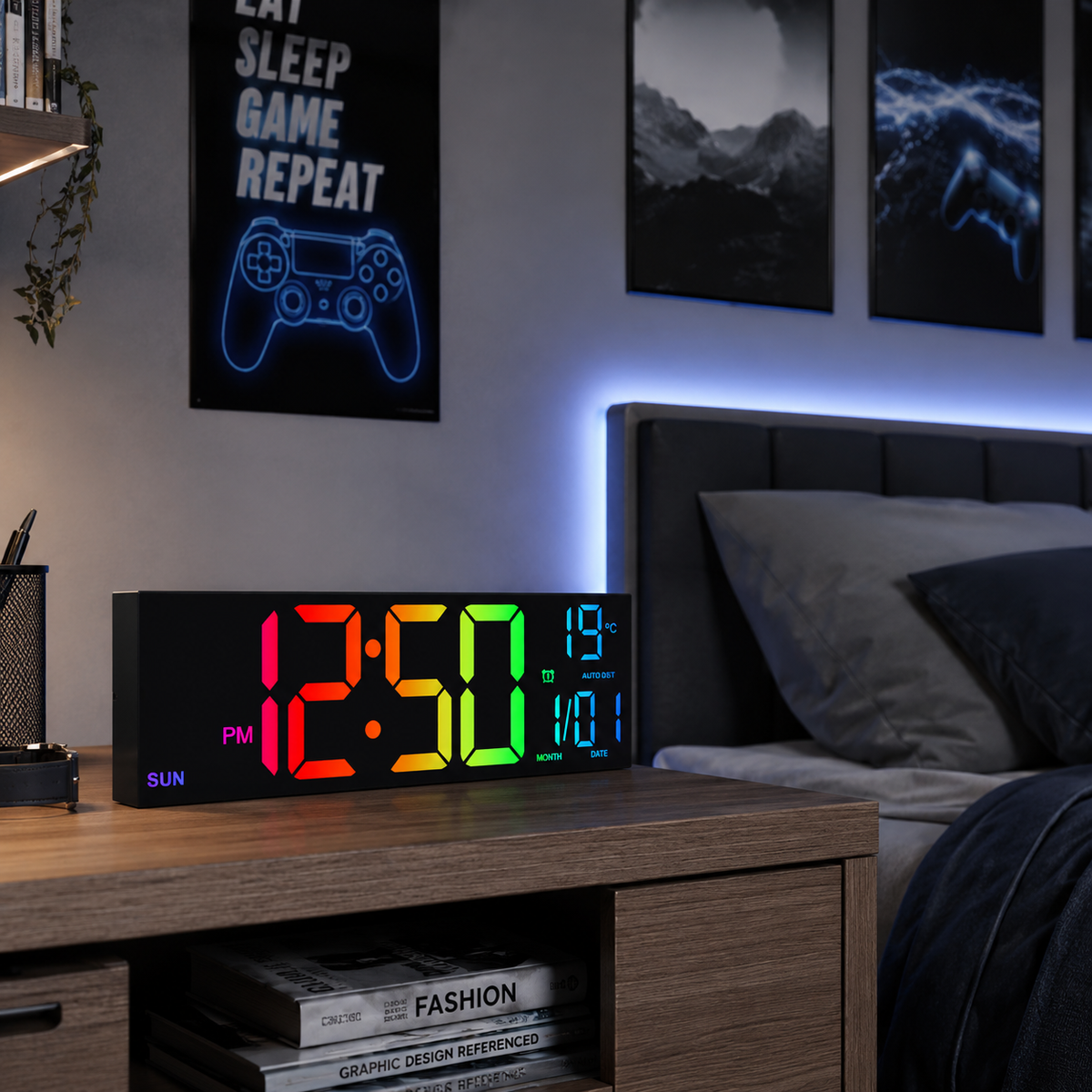 Horloge Murale Numérique LED RGB 41cm 9 Couleurs Double Alarme 2 Modèles