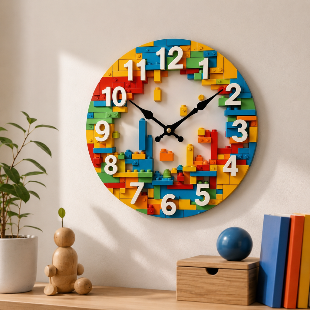 Horloge Murale Enfant Décor Briques 30cm Mécanisme Quartz