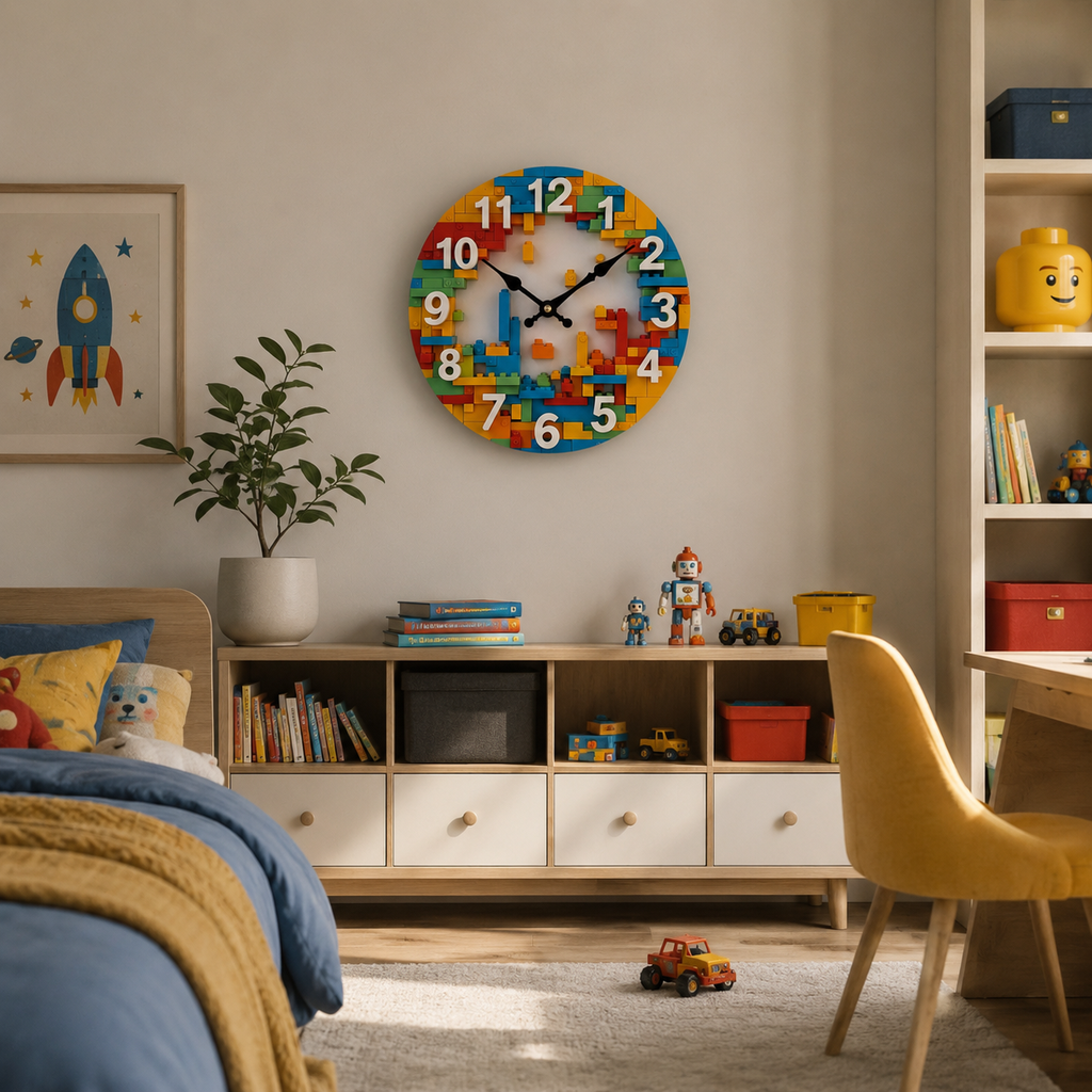 Horloge Murale Enfant Décor Briques 30cm Mécanisme Quartz