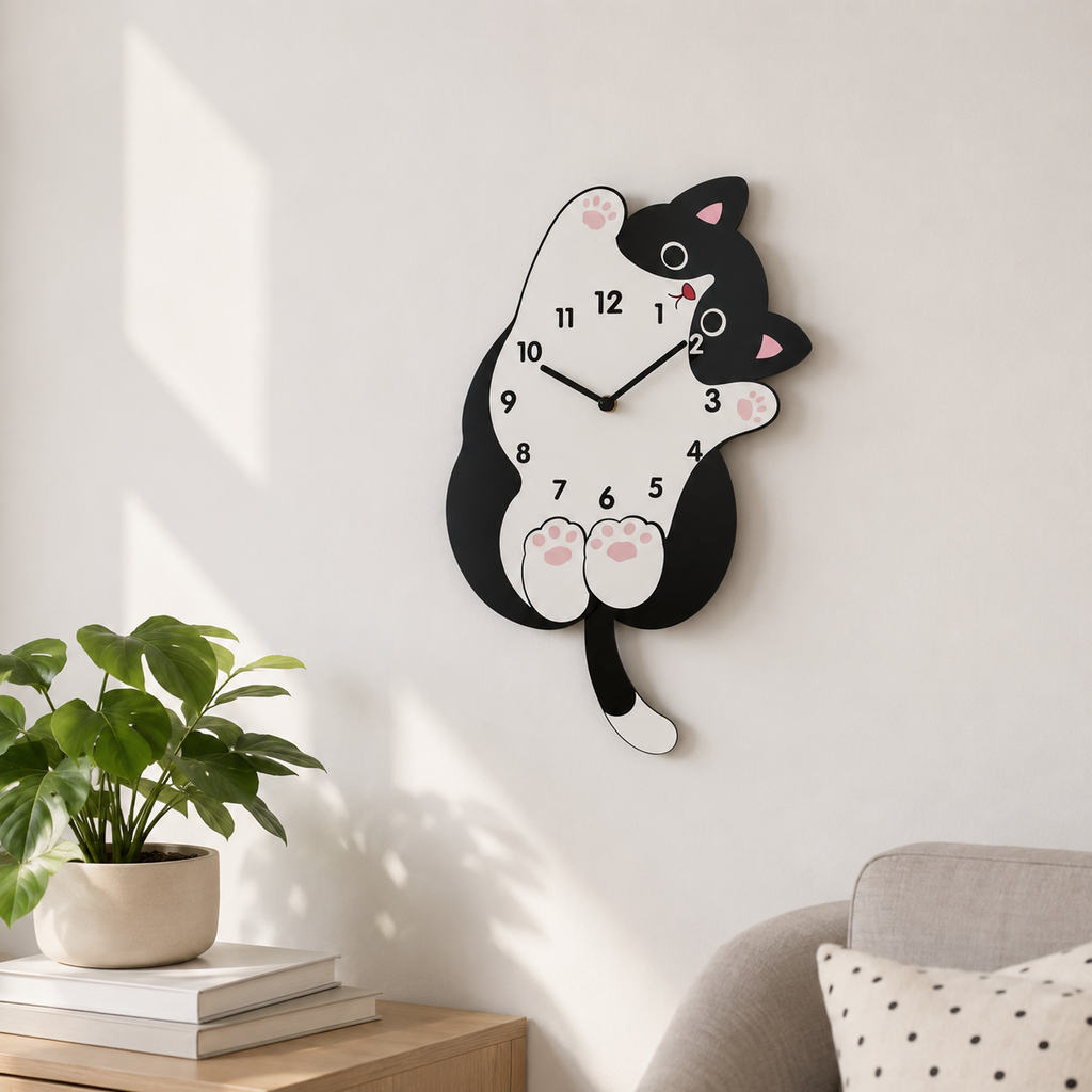 Horloge Murale Chat Pendule Balançoire Mécanisme Silencieux