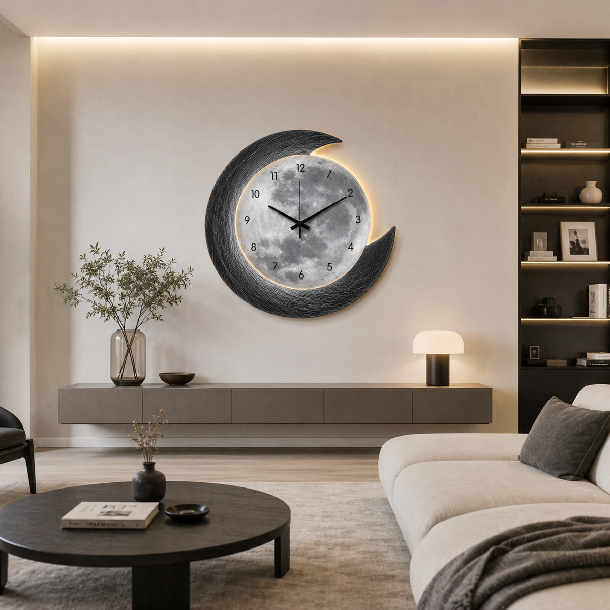 Horloge Murale Lune LED Acrylique 40–50cm Rétroéclairée 2 Modèles