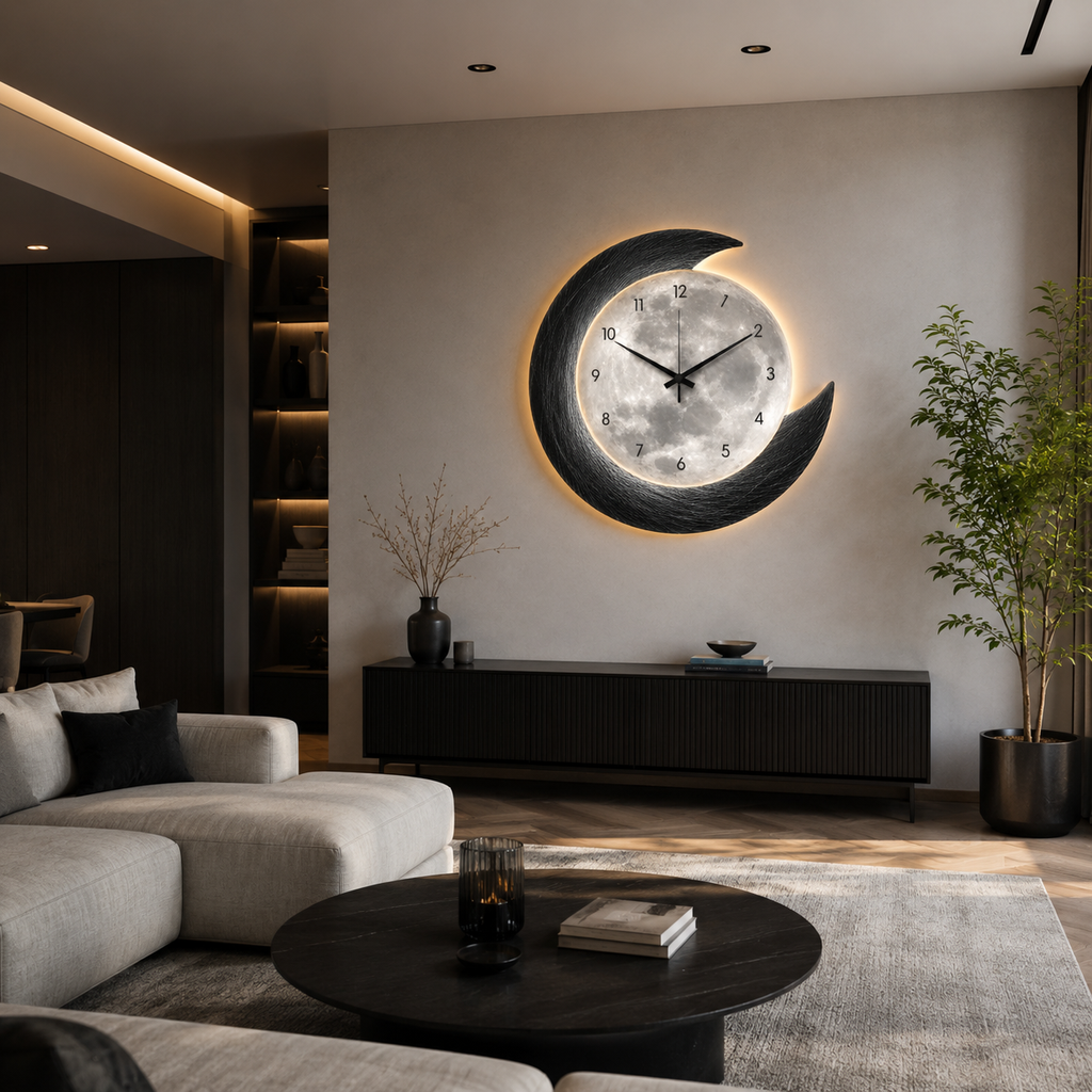Horloge Murale Lune LED Acrylique 40–50cm Rétroéclairée 2 Modèles