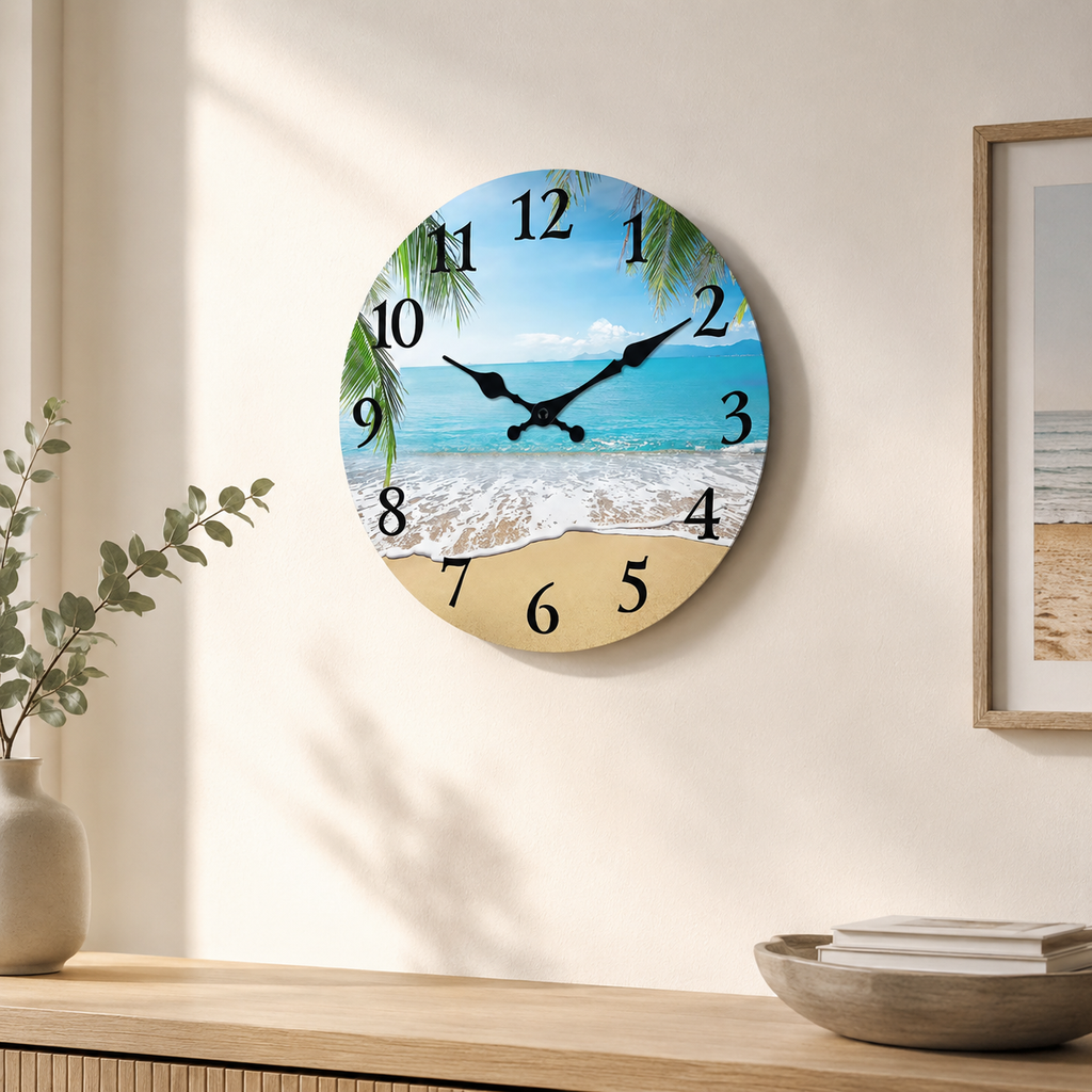 Horloge Murale Ronde MDF Motif Plage 25–40cm Mécanisme Silencieux