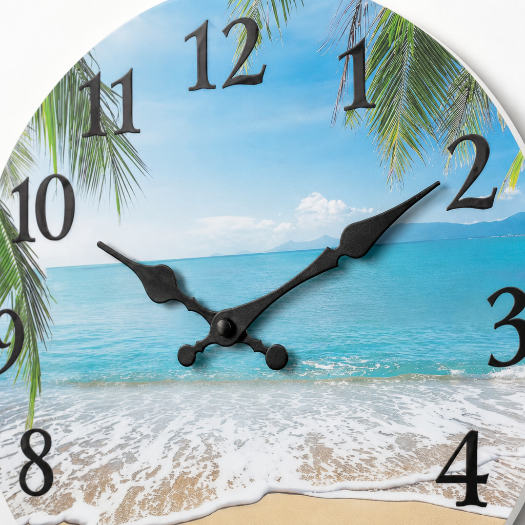 Horloge Murale Ronde MDF Motif Plage 25–40cm Mécanisme Silencieux