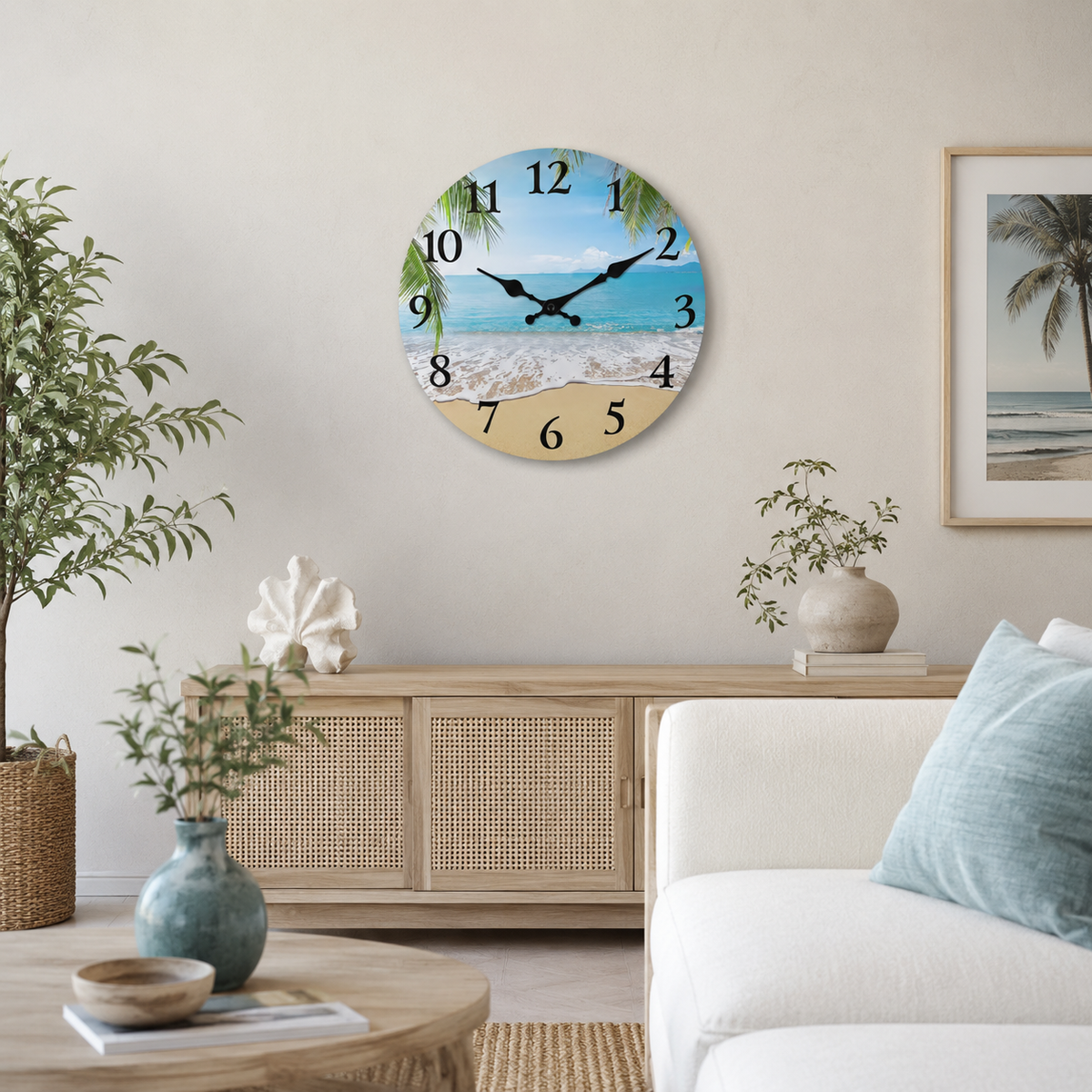 Horloge Murale Ronde MDF Motif Plage 25–40cm Mécanisme Silencieux