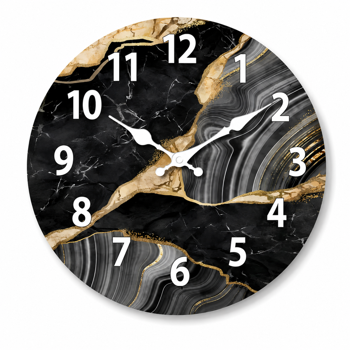 Horloge Murale Ronde Bois Motif Marbre Noir Doré 25–40cm Silencieuse