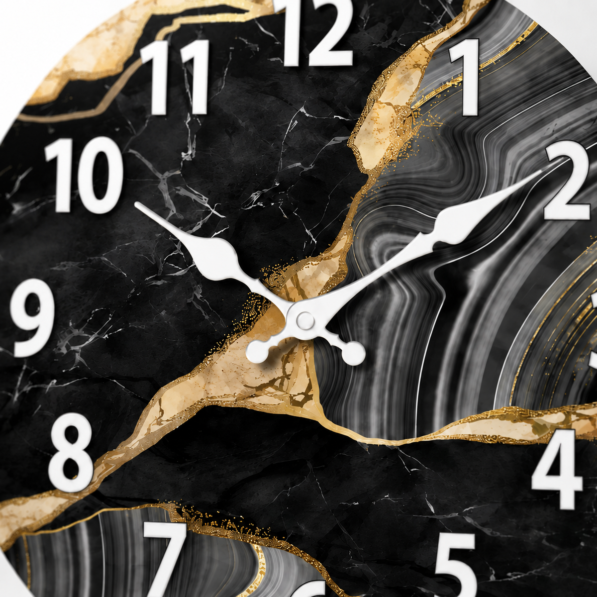 Horloge Murale Ronde Bois Motif Marbre Noir Doré 25–40cm Silencieuse