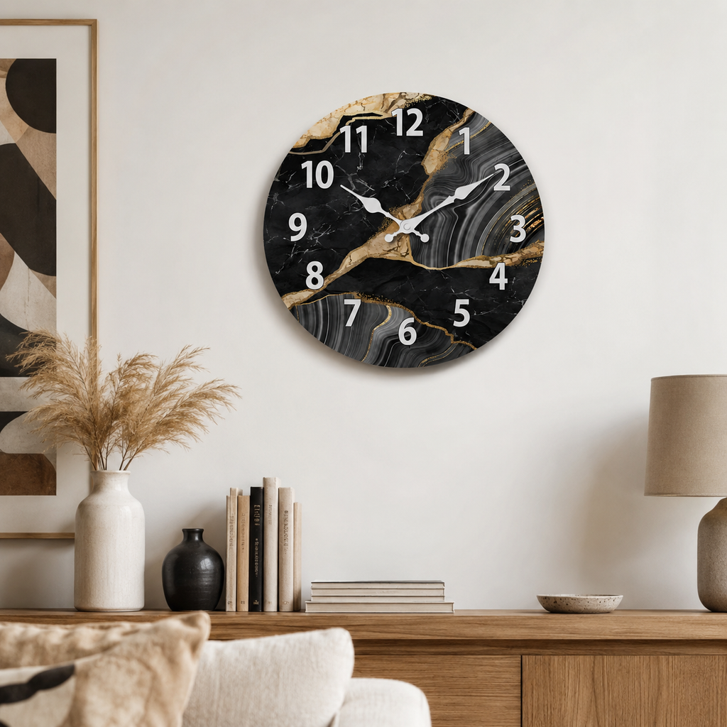 Horloge Murale Ronde Bois Motif Marbre Noir Doré 25–40cm Silencieuse