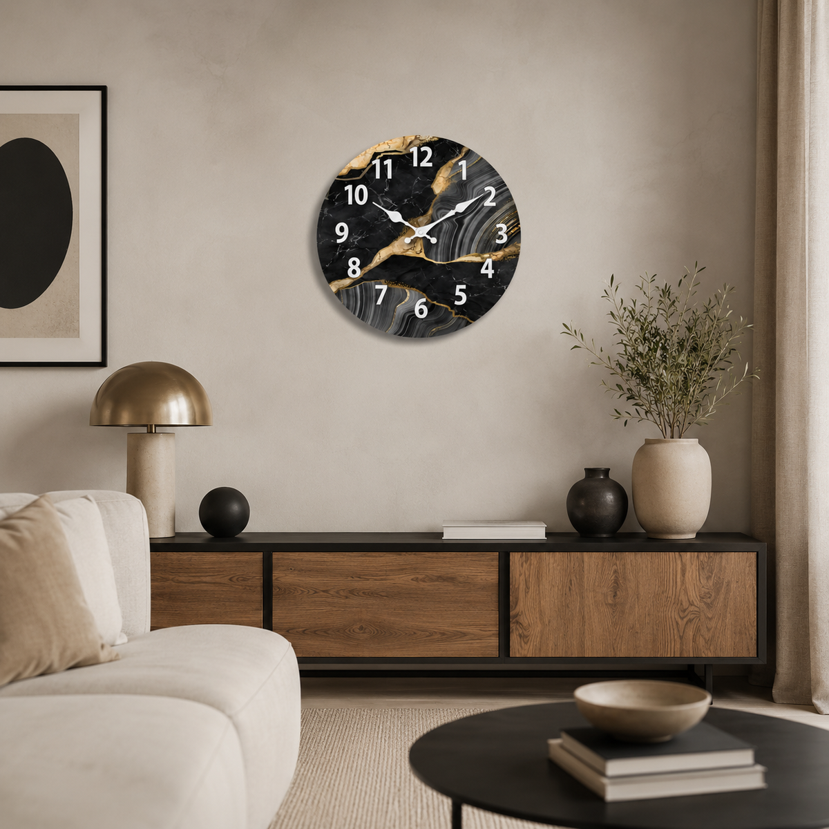 Horloge Murale Ronde Bois Motif Marbre Noir Doré 25–40cm Silencieuse