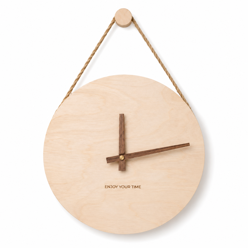 Horloge Murale Bois Scandinave 25 cm Silencieuse — Corde Jute