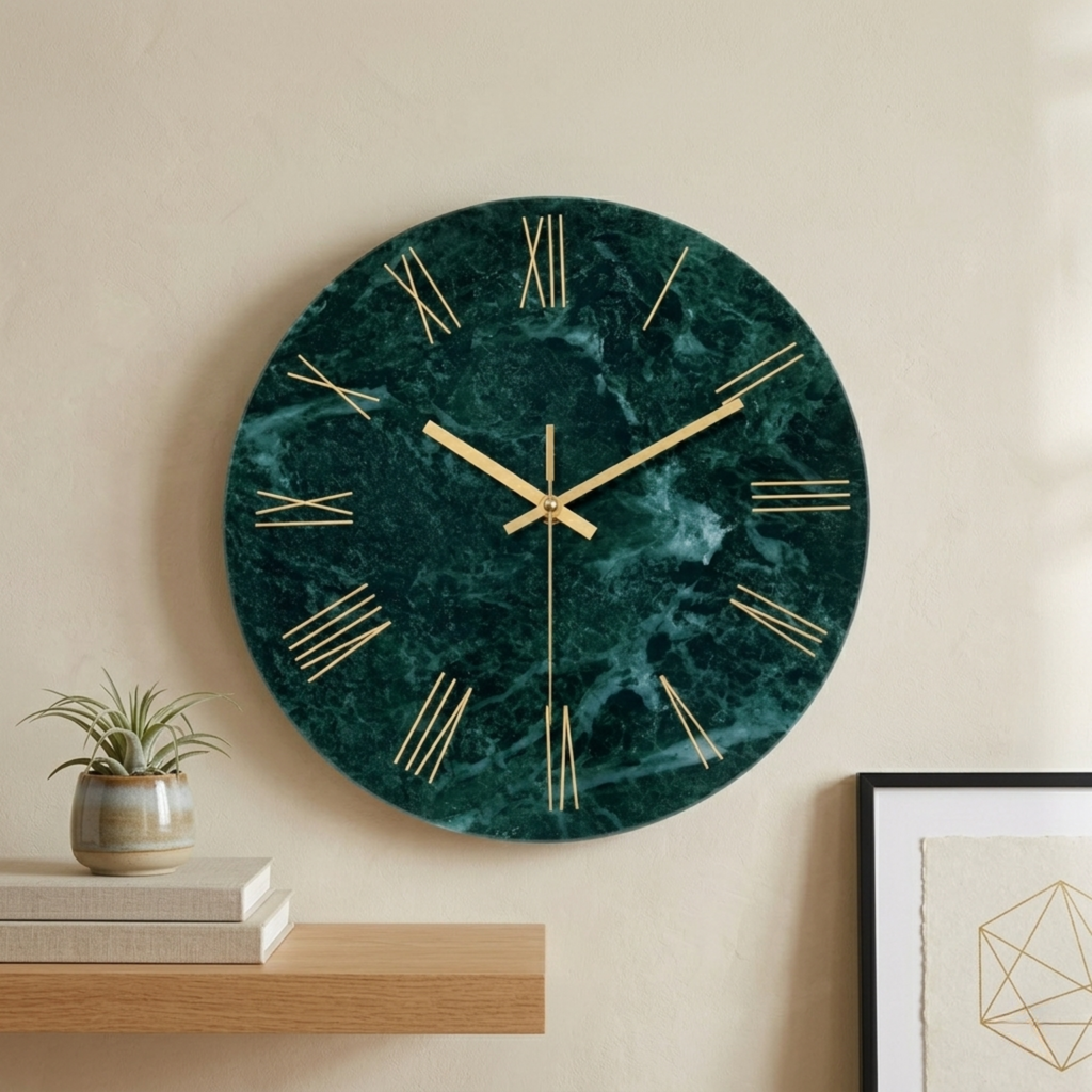 Horloge Murale Verre Effet Marbre Vert 30 cm Silencieuse