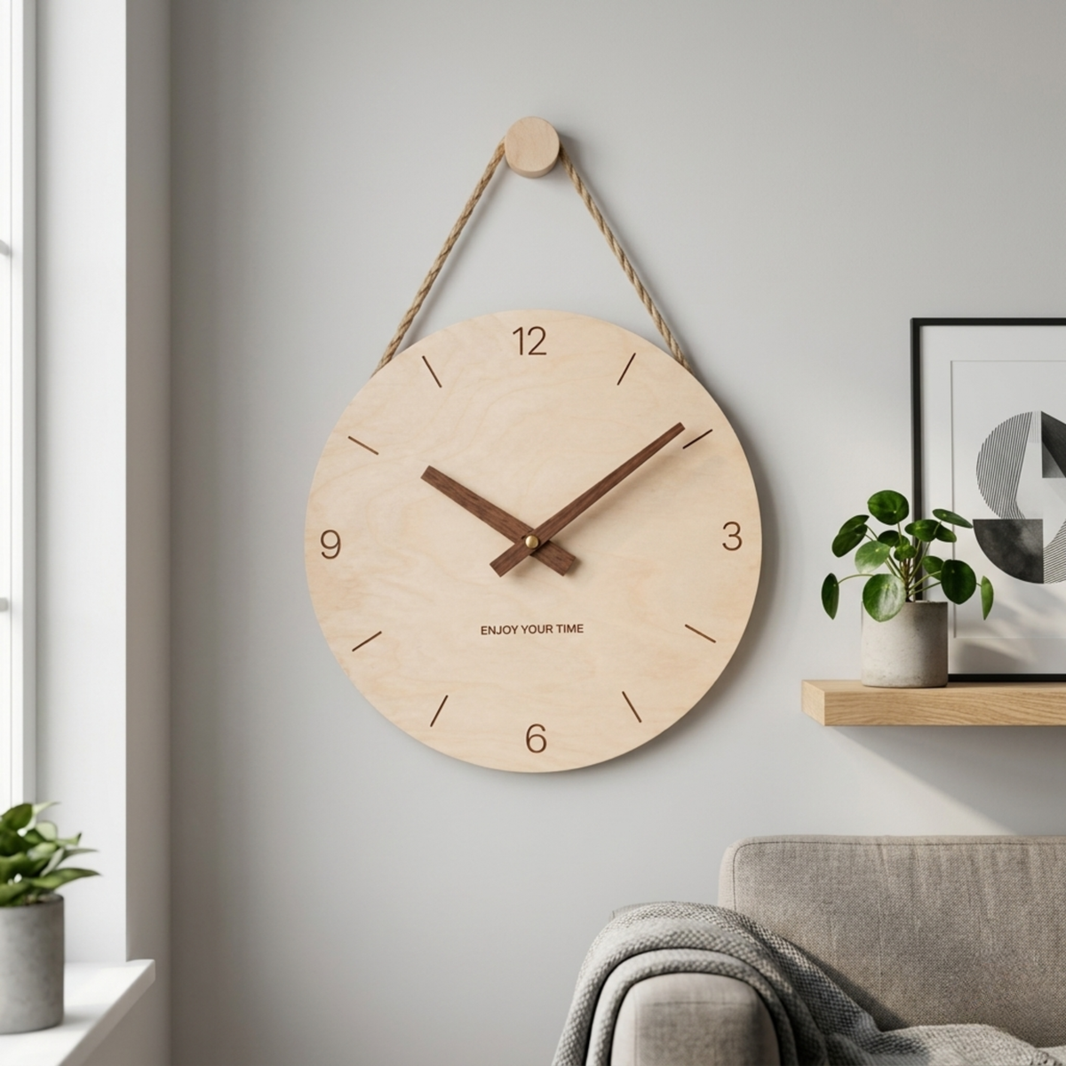 Horloge Murale Bois Scandinave 25 cm Silencieuse — Corde Jute