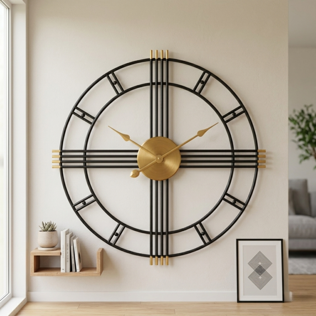 Horloge Murale Fer Noir Design Industriel Silencieuse — 2 Tailles