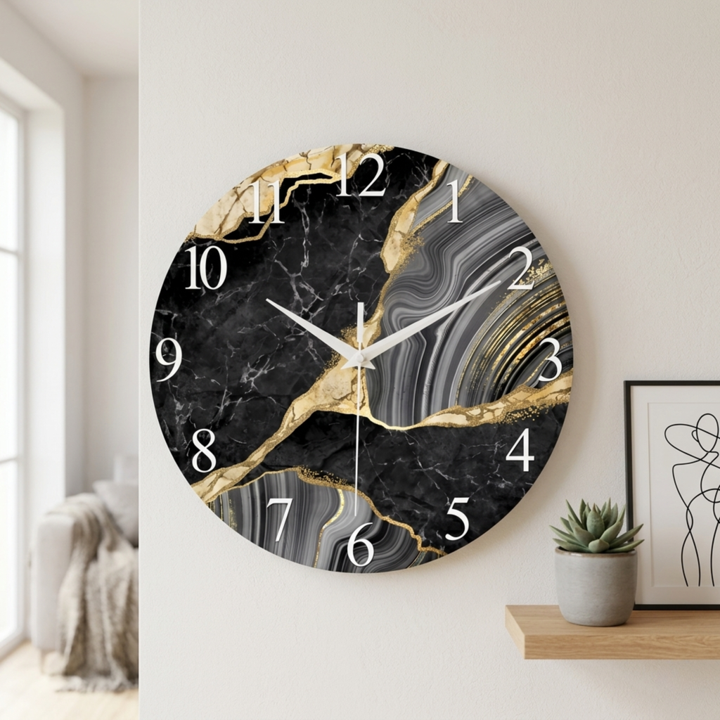 Horloge Murale Verre Motif Marbre Silencieuse — 3 Tailles