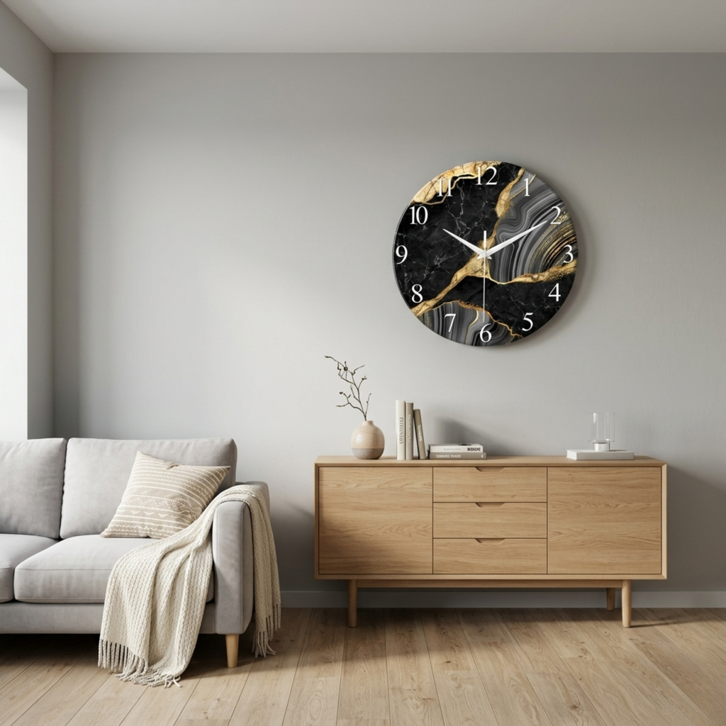 Horloge Murale Verre Motif Marbre Silencieuse — 3 Tailles