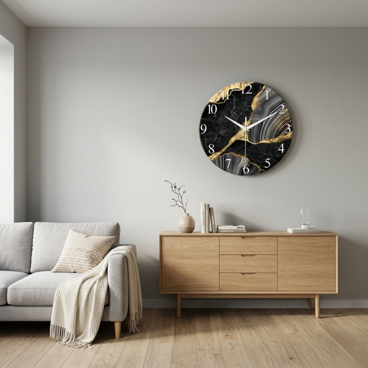 Horloge Murale Verre Motif Marbre Silencieuse — 3 Tailles