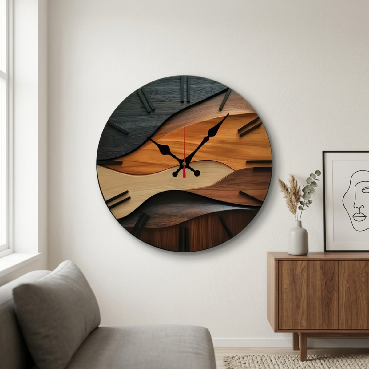 Horloge Murale Bois 25 cm Silencieuse Motif Vagues Bicolore