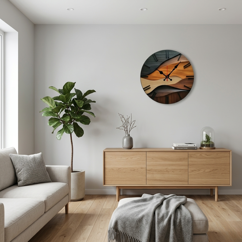 Horloge Murale Bois 25 cm Silencieuse Motif Vagues Bicolore