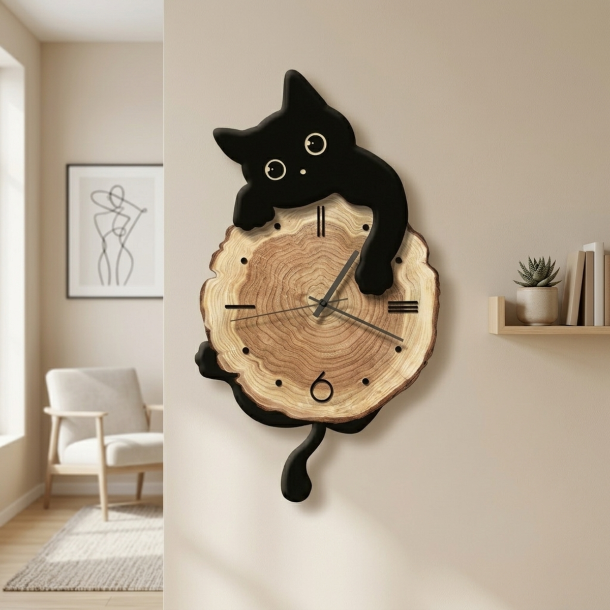 Horloge Murale Bois Chat Balancier 51 cm — 3 Modèles