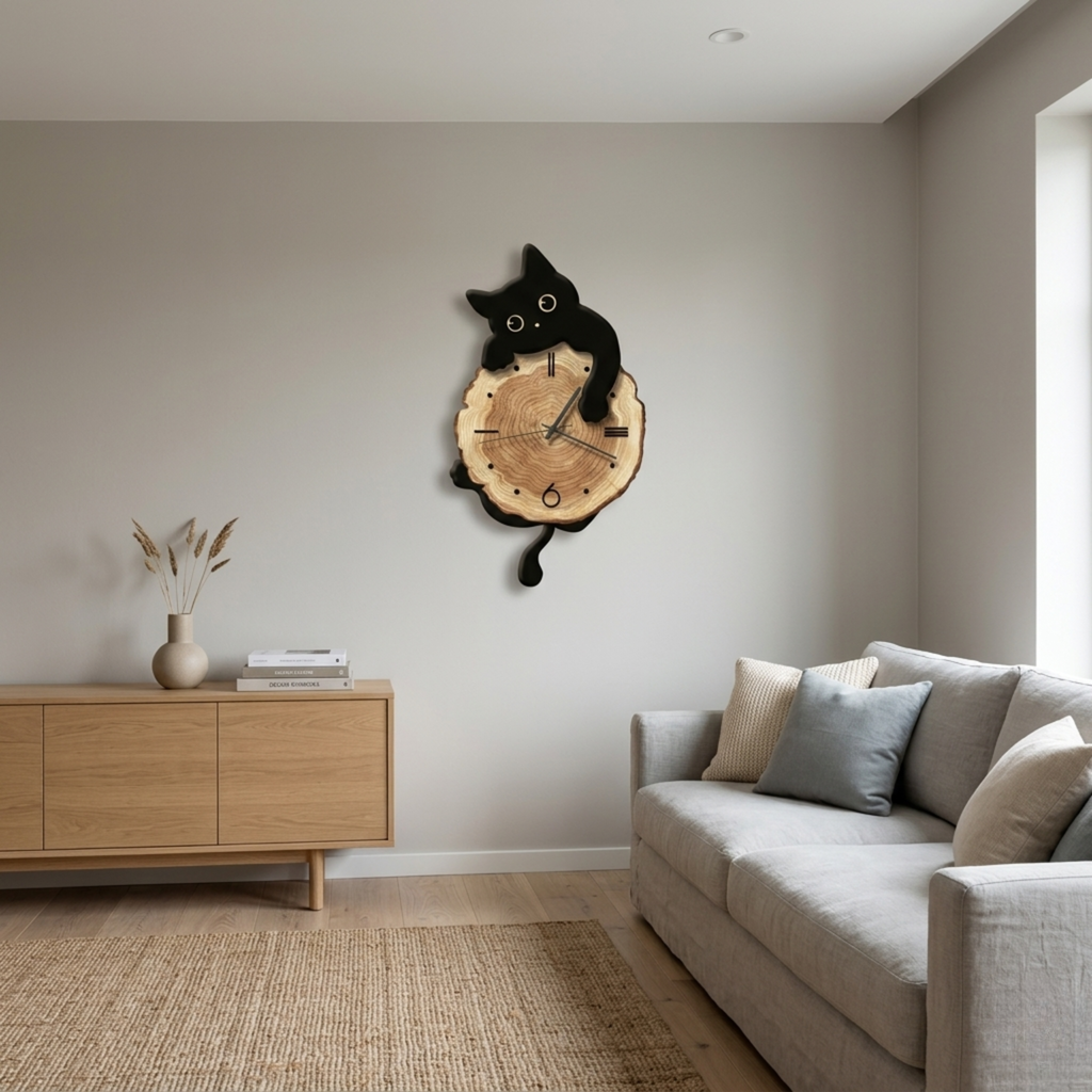 Horloge Murale Bois Chat Balancier 51 cm — 3 Modèles