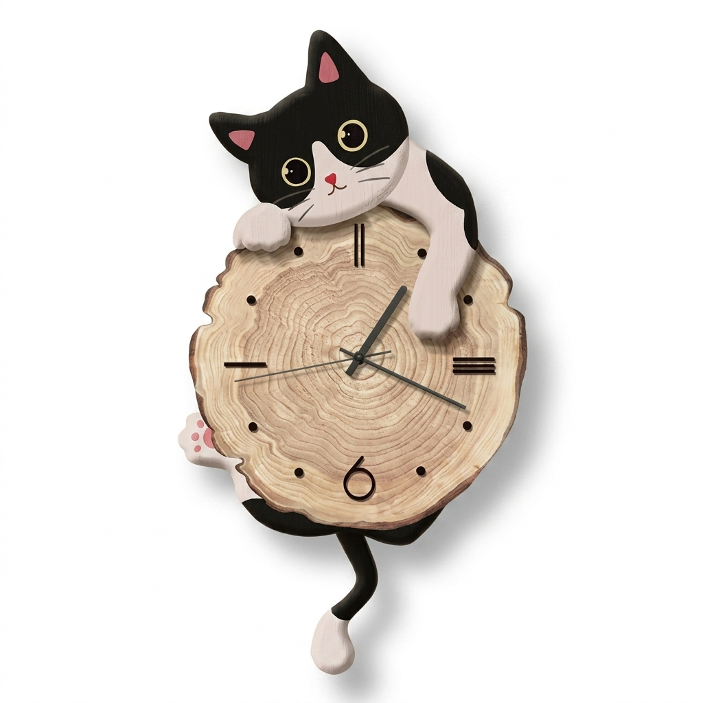 Horloge Murale Bois Chat Balancier 51 cm — 3 Modèles