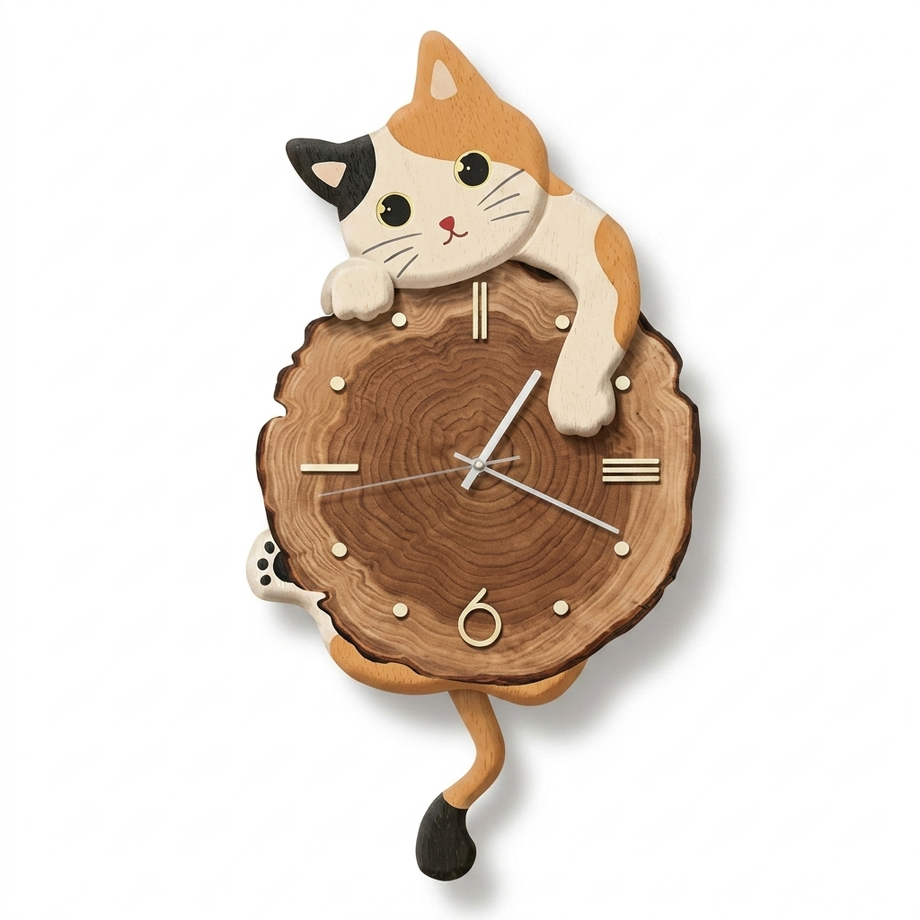 Horloge Murale Bois Chat Balancier 51 cm — 3 Modèles