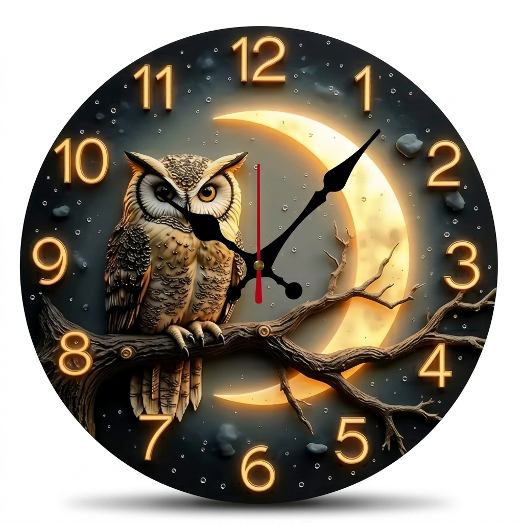 Horloge Murale Silencieuse 25 cm Motif Chouette Lune
